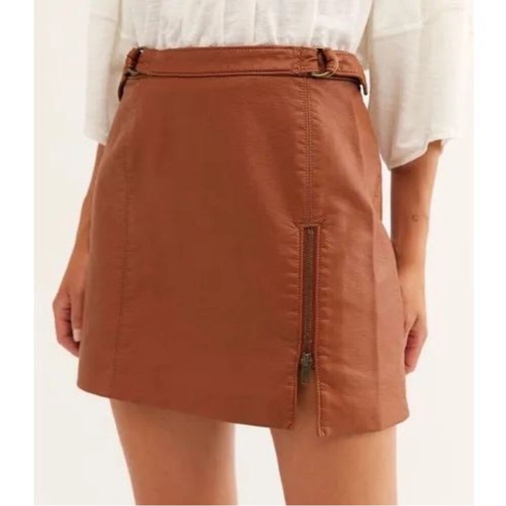 Free People Midnight Magic Faux Leather Cognac Brown Mini Skirt